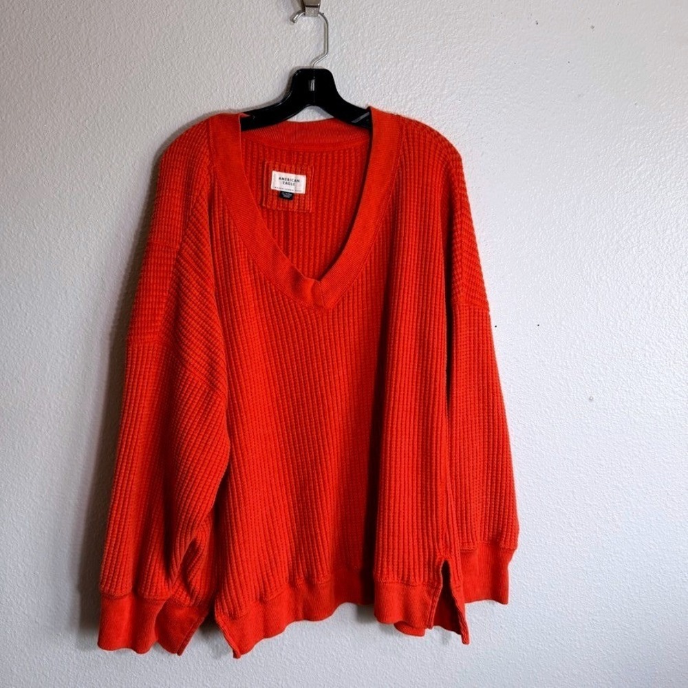 American Eagle Oversized Waffle Knit V Neck Sweater Orange Red Womens XL